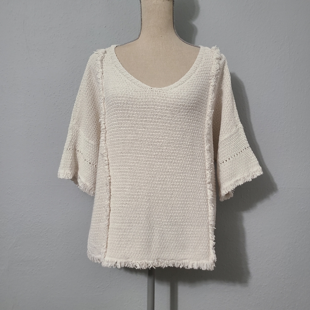 Lou & Grey Womens Ivory Cotton Sleeve Pullover Sweater Size Large